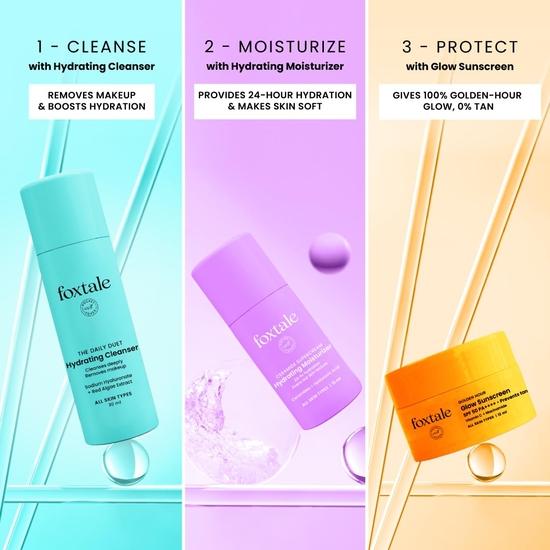 Foxtale Dewy Morning Travel Kit | Hydrating Face Wash, 24-Hr Moisturizer & SPF 50 Sunscreen | 100% Glow, 24-Hr Hydration, Zero White Cast