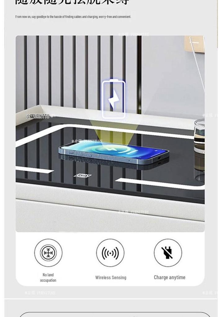 Solid Wood Smart Bedside Table with Wireless Charging, Modern Minimalist Design, Three-Layer Storage, Floor-Standing for Small Apartments.