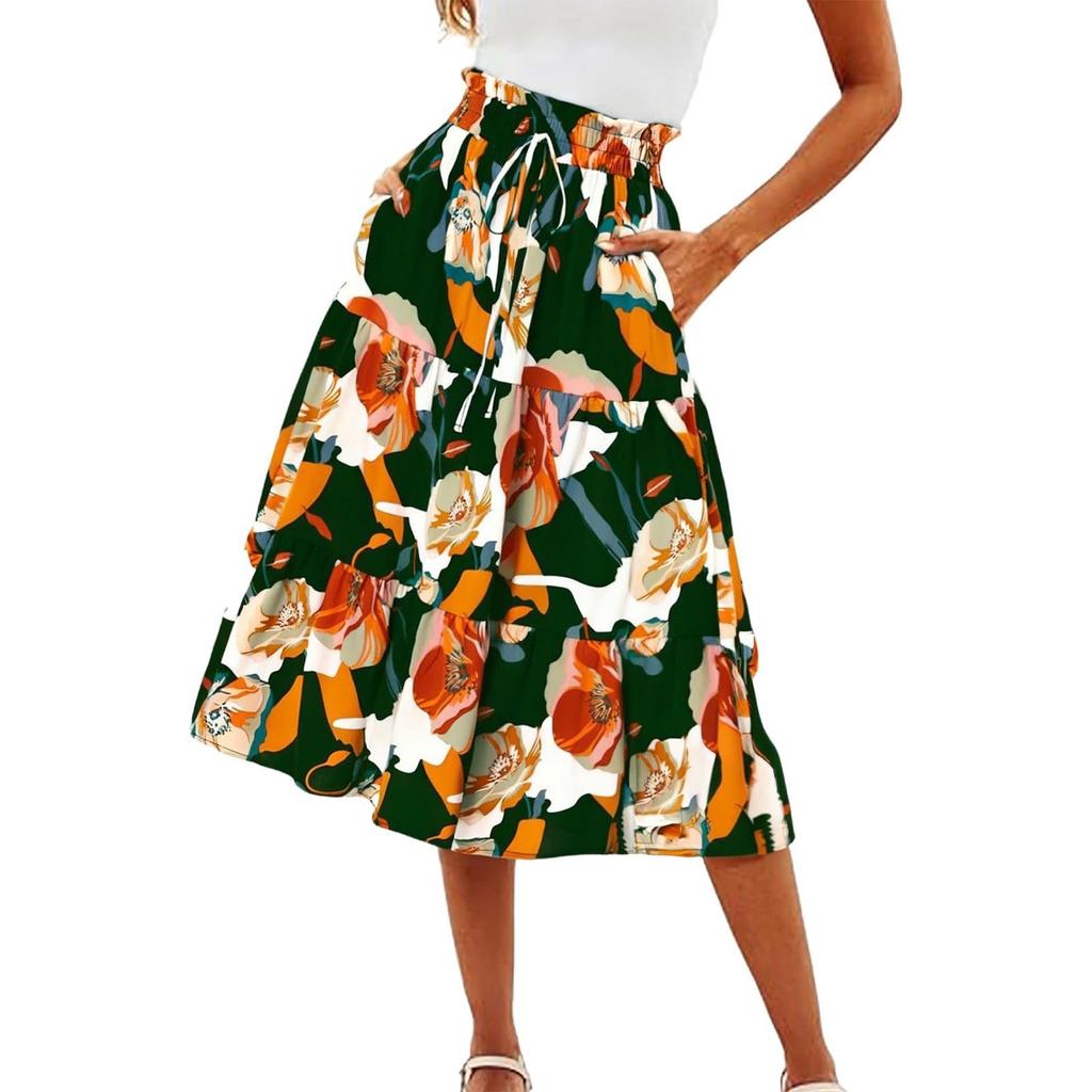 Women's Fashion Pleated Floral Print Elastic Waist Loose Lace Skirt