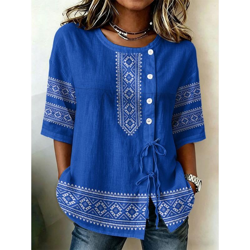 Women's Ethnic Geometric Print Casual Blouse, Button Tie Front Loose Top with Pockets for Spring Summer Daily Wear