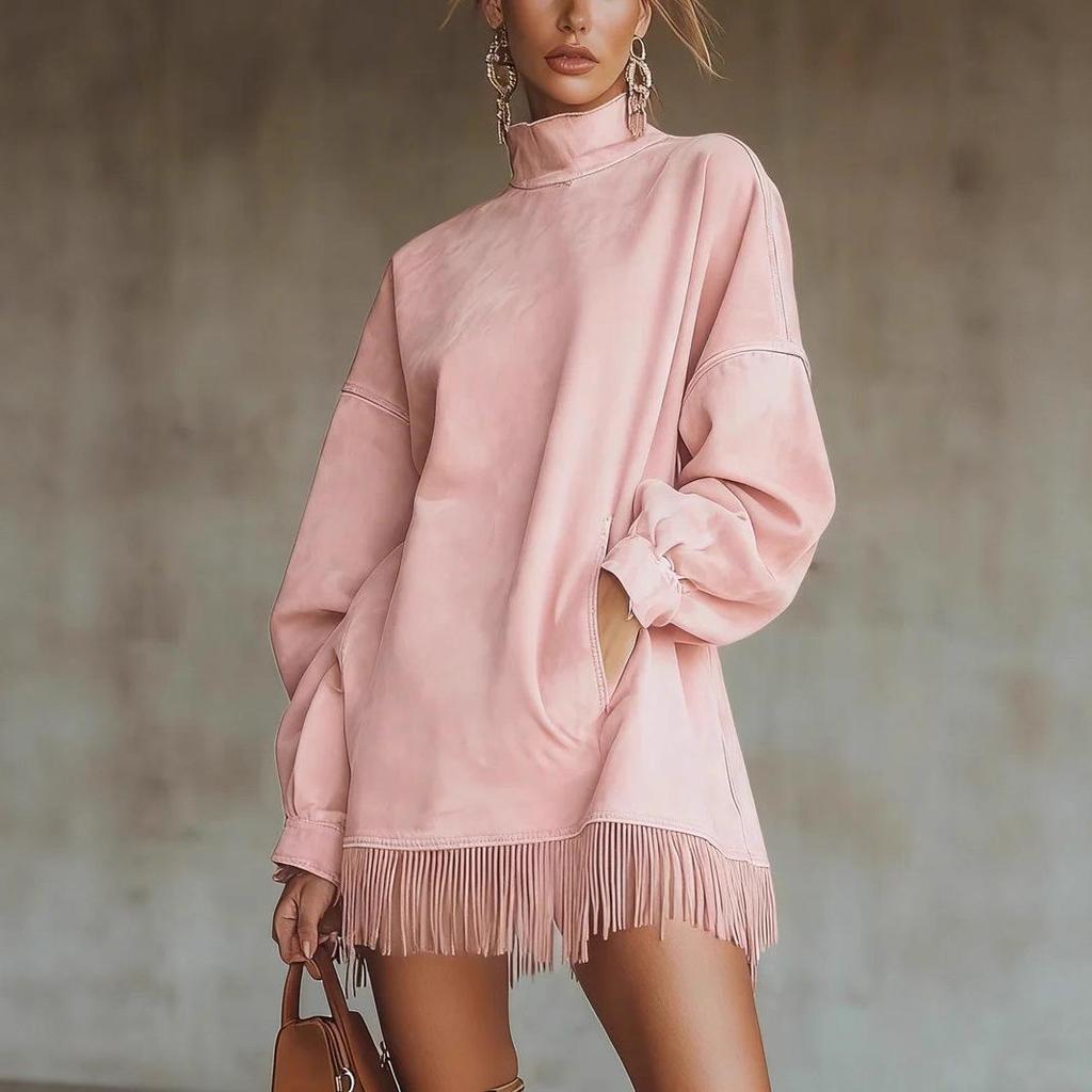 European & American Retro High Collar Suede Tassel Dress with Pockets