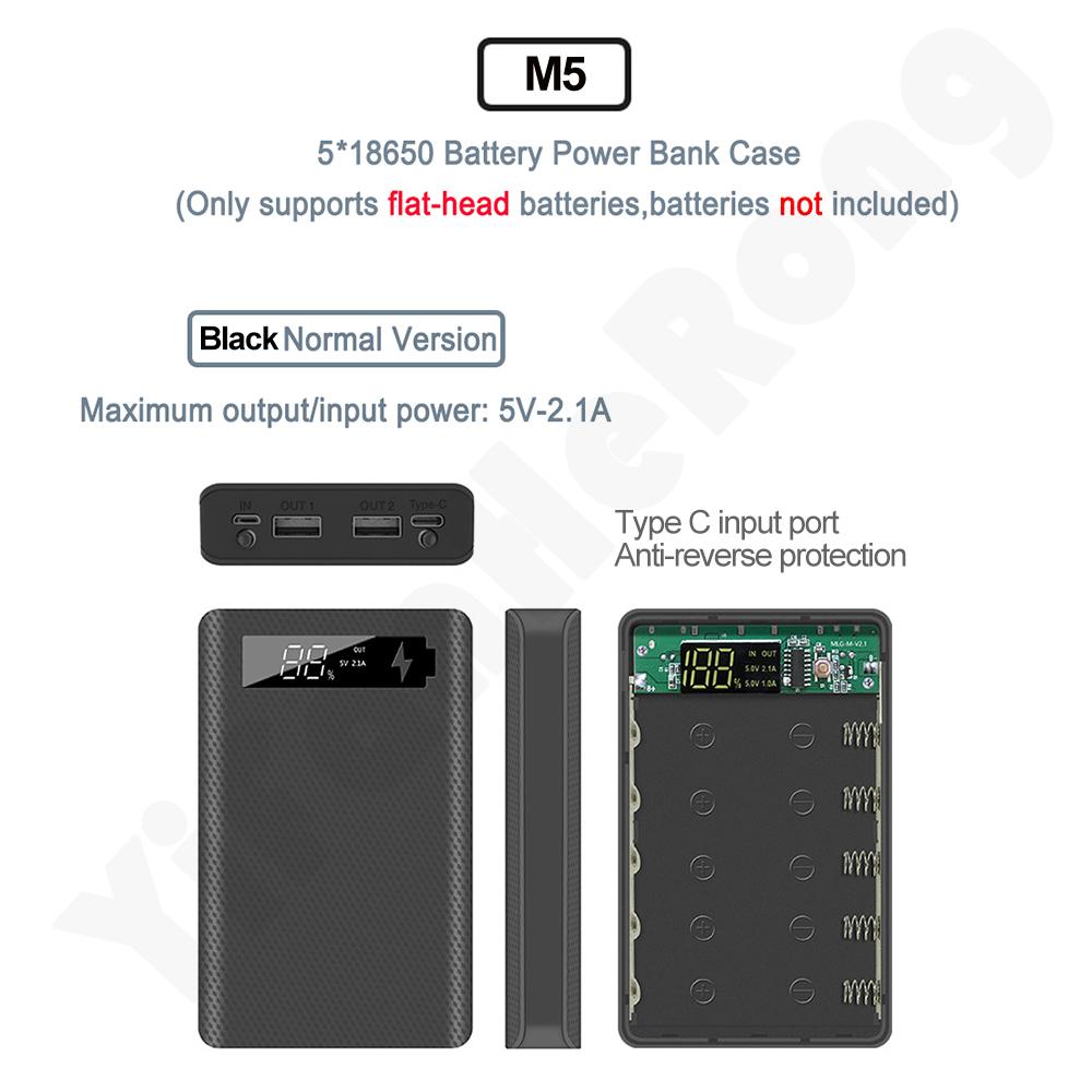 5*18650 Power Bank Case Dual USB For Mobile Phone Charger DIY Shell 18650 Battery Holder Charging Box With LED Flashlight