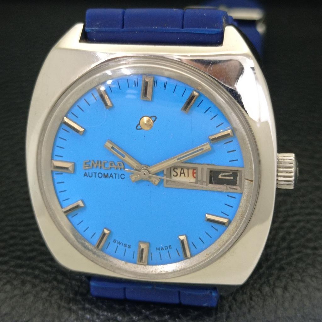 CEAS VINTAGE ENICAR AUTOMATIC ELVEȚIAN BĂRĂBĂȚESC CADRAN CULOARE ALBASTRU a700144-5 R201-a700144