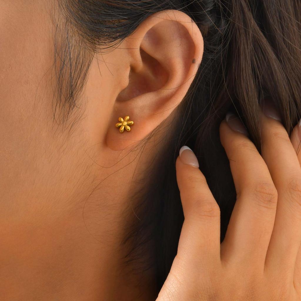 7.5/8/8.5MM Minimalist Flower Stud Earrings for Women,Gold Color Stainless Steel Mini Earrings,Retro Jewelry Gift