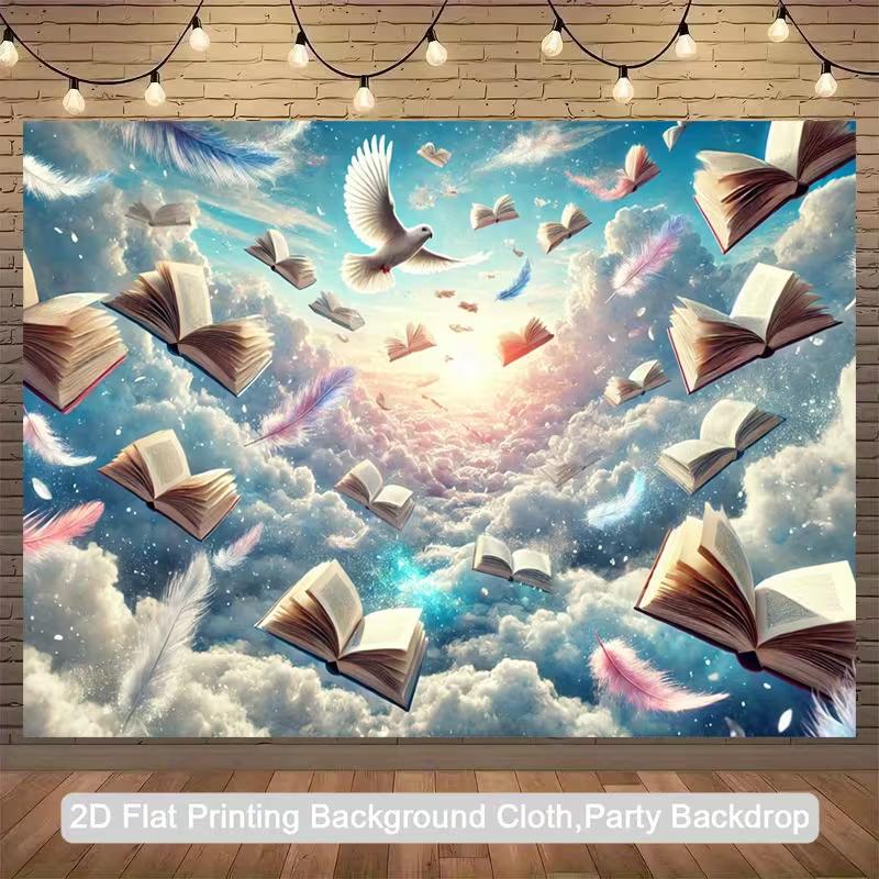 2D Fantasy Sky with Flying Books, Dove & Feathers Decoration Backdrop