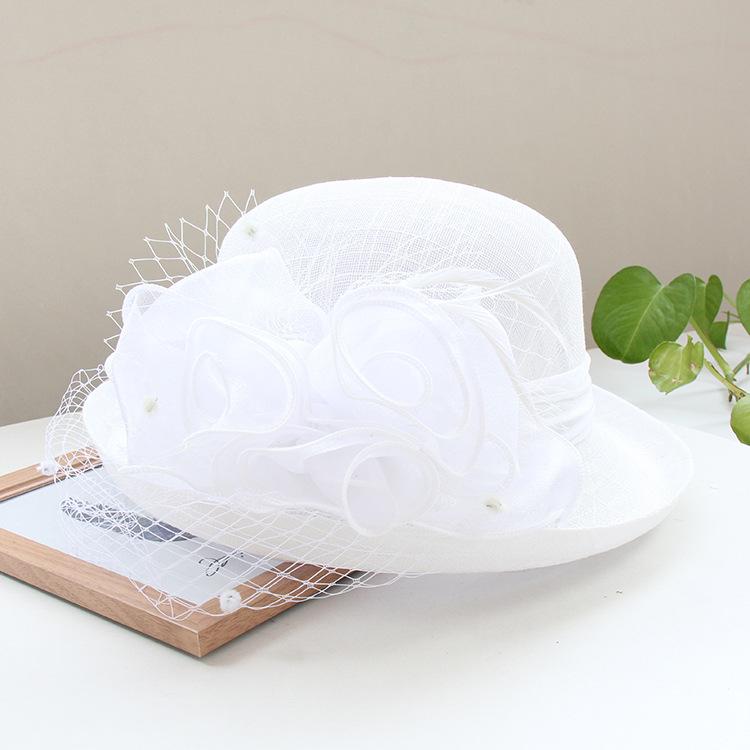 Temperament Linen Flower Elegant Banquet Top Hat Spring And Autumn Solid Color Curled Sun Hat Women'S Outdoor Sunscreen Basin Hat