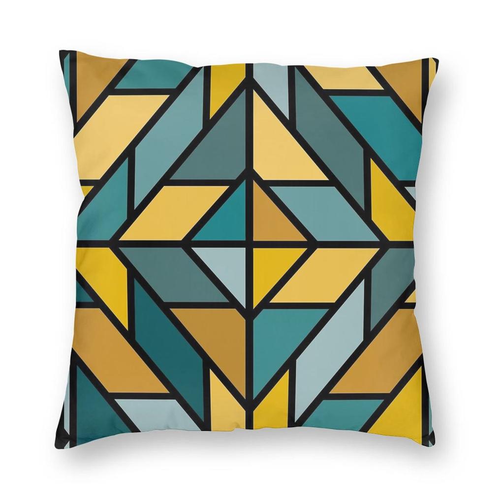 Piastrelle Geometriche Giallo Senape Verde Acqua Federa Quadrata Poliestere Lino Velluto Fantasia Zip Decorativa Copricuscino Divano
