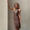 Women's Sleeveless Stand Collar Temperament Slit Dress Slim Solid Color PU Leather Dress