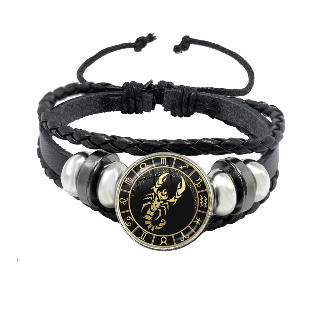 Bracciale Costellazione 1/12 Scorpione Sagittario Capricorno Acquario Corda Nera Bottone in Pelle Gioielli Zodiacali Regalo