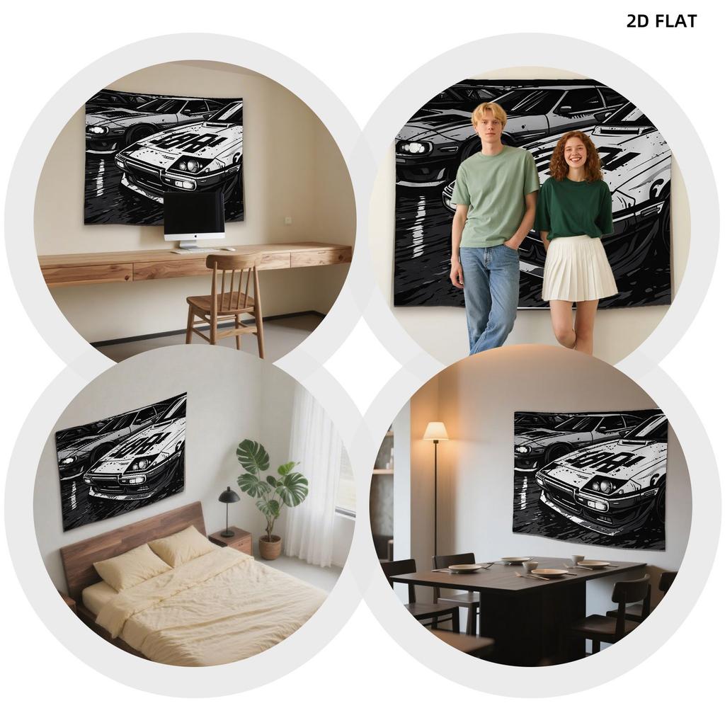 Black White Sports Car Graffiti Tapestry, Speed Illustration Wall Art For Bedroom Living Room Office Party Multi-Size Decor