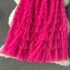 Summer Women Elegant Ruffles Mesh Elstic Waist Long Midi Cake Skirt