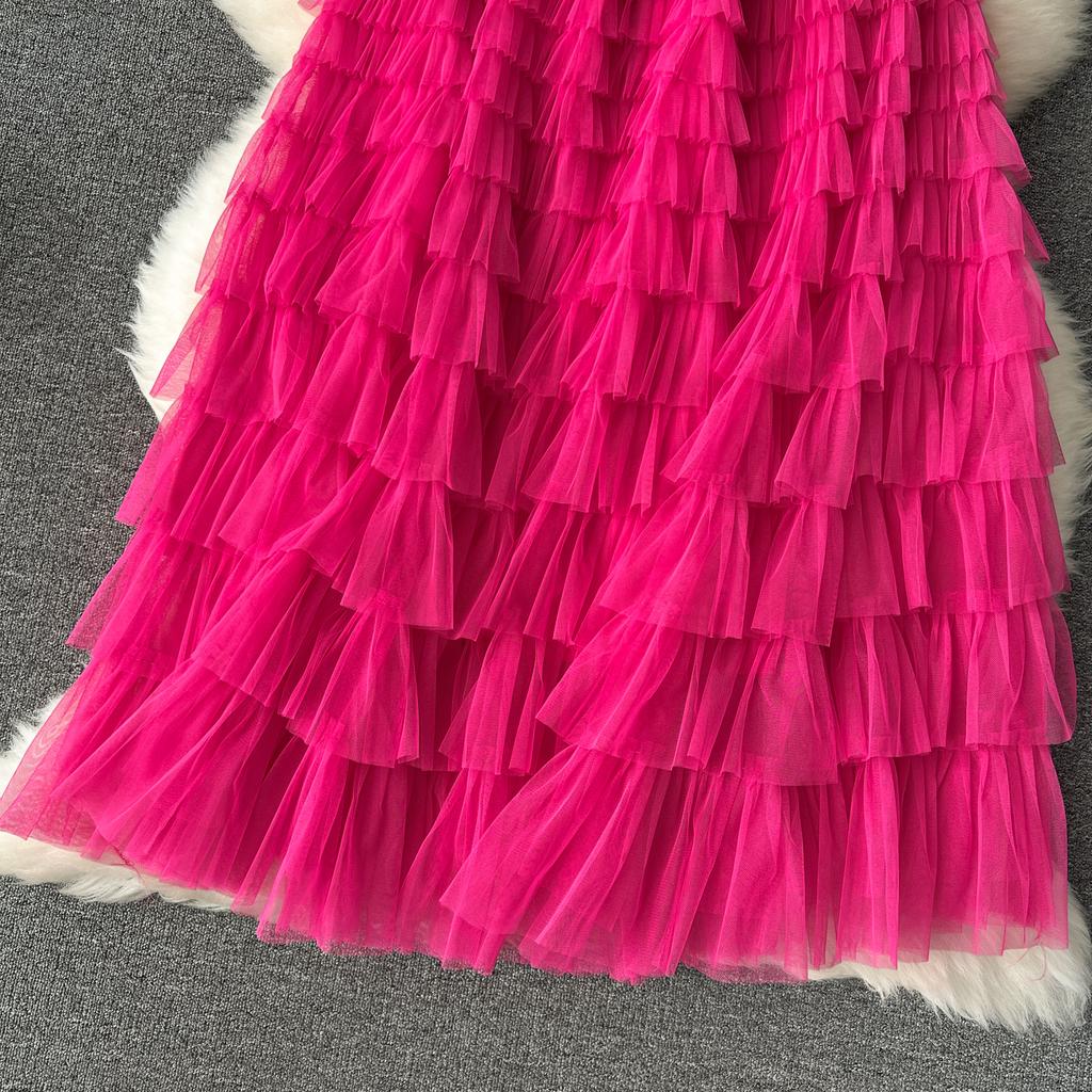 Summer Women Elegant Ruffles Mesh Elstic Waist Long Midi Cake Skirt
