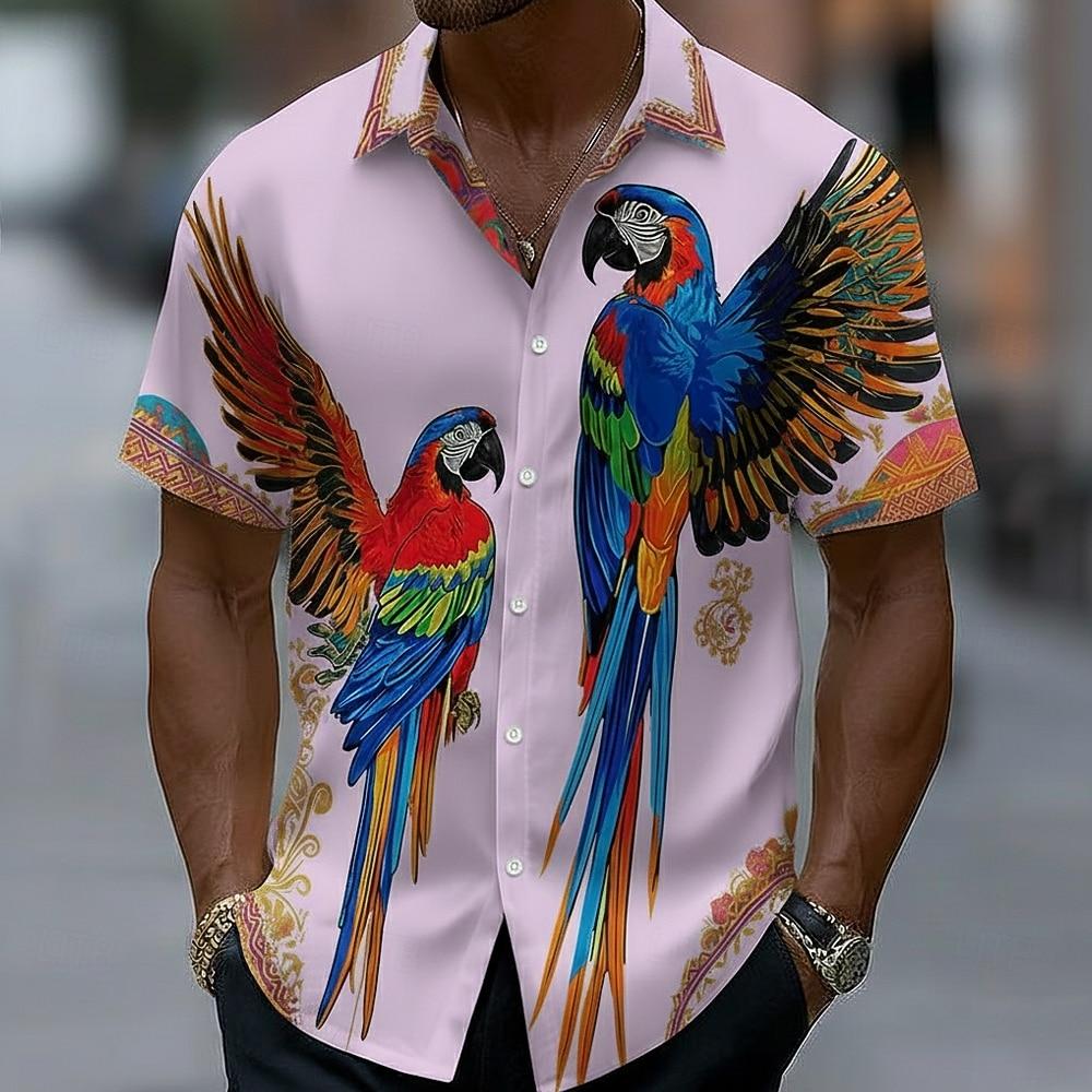 Men's Parrot Bird 3D Print Hawaiian Shirt Tropical Aloha Shirt Short Sleeve Button Up Turndown Shirt for Summer Beach Wear