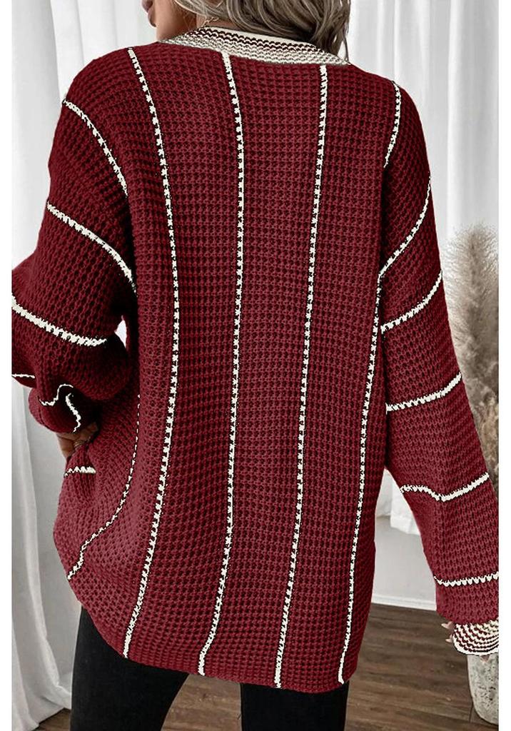 Autumn 2025 V-neck Knit Pullover: European-American Style, Hip-Length Striped Sweater for Women