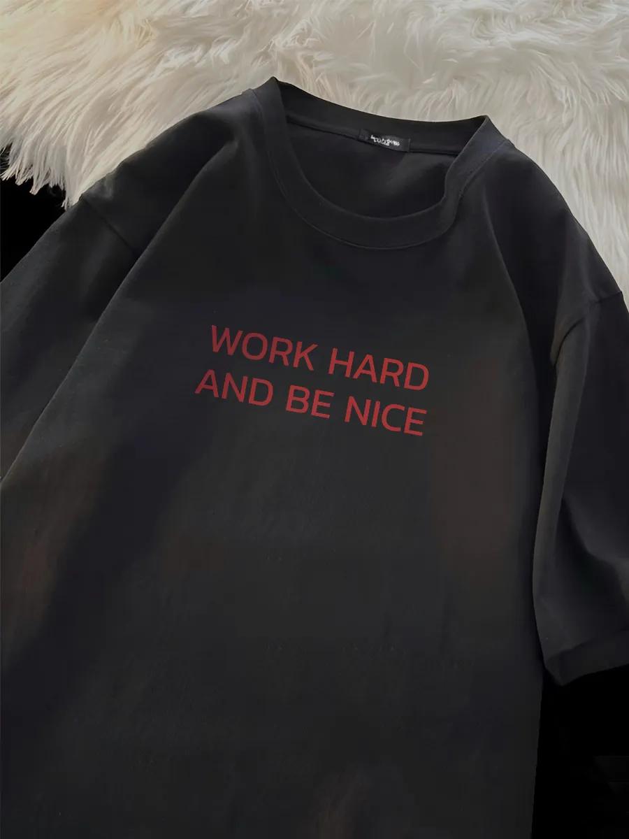 

Oversized black T-shirt with Work hard y2k print XL