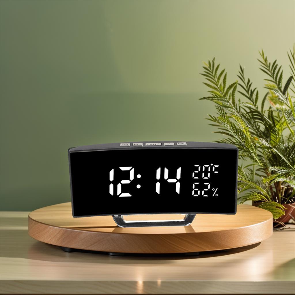 Compact LED alarm clock with digital time temperature and humidity display and adjustable brightness for night
