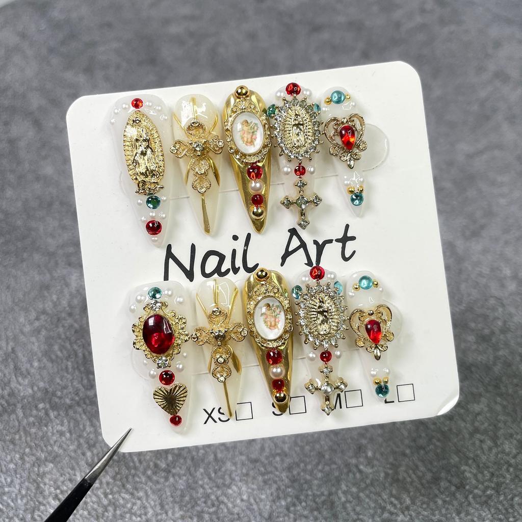 10Pcs Luxury Retro Religious Long Stiletto Nail Art Stickers Cross Angel Handmade Wearable Acrylic Fake Nails For Women