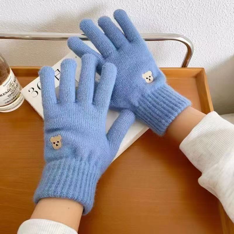New Autumn and Winter Cute Bear Embroidery Wool Knitted Five-finger Gloves Finger-revealing Female Solid Color