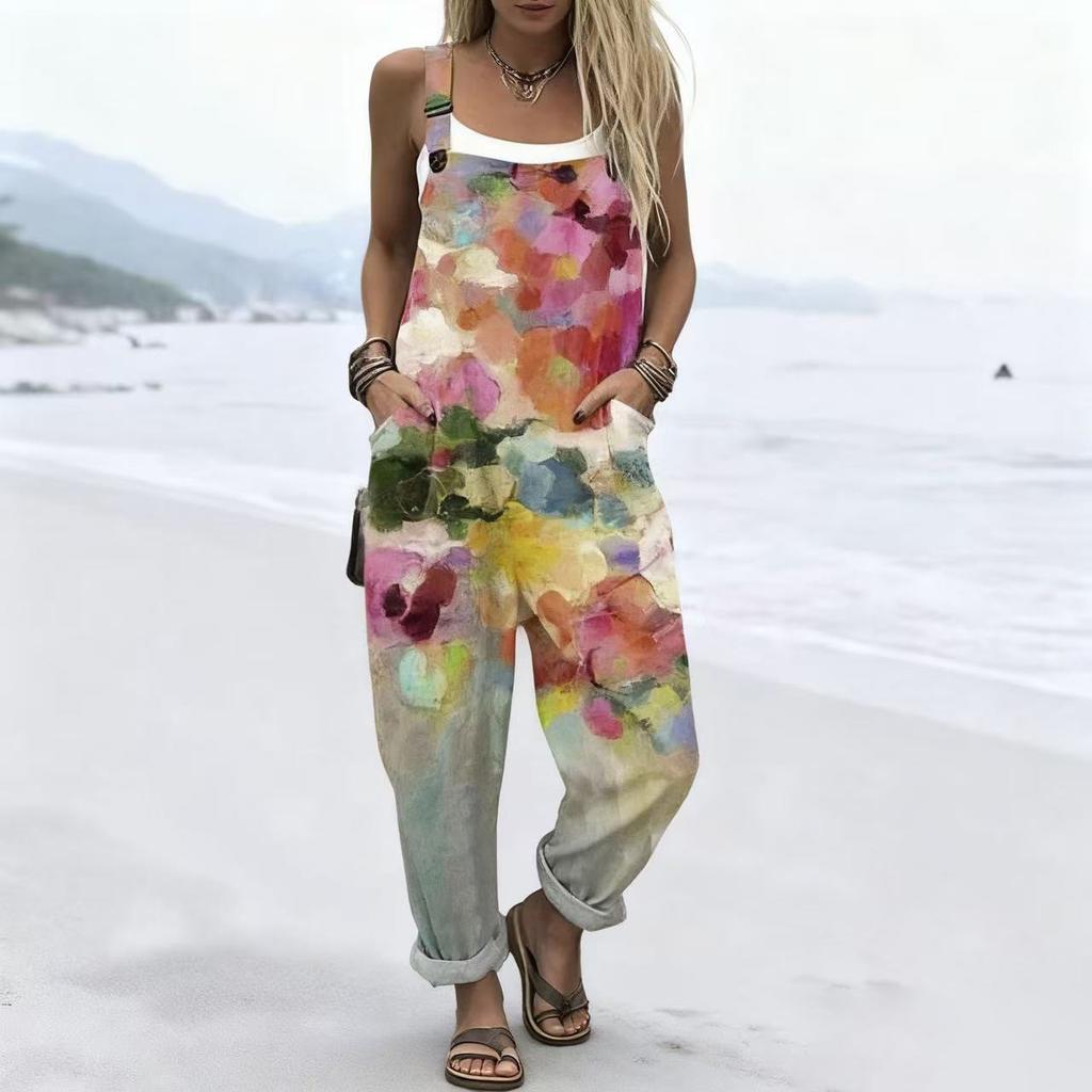 Women's Sleeveless Mid Rise 3D Digital Print Loose Casual Overalls Jumpsuit For Summer