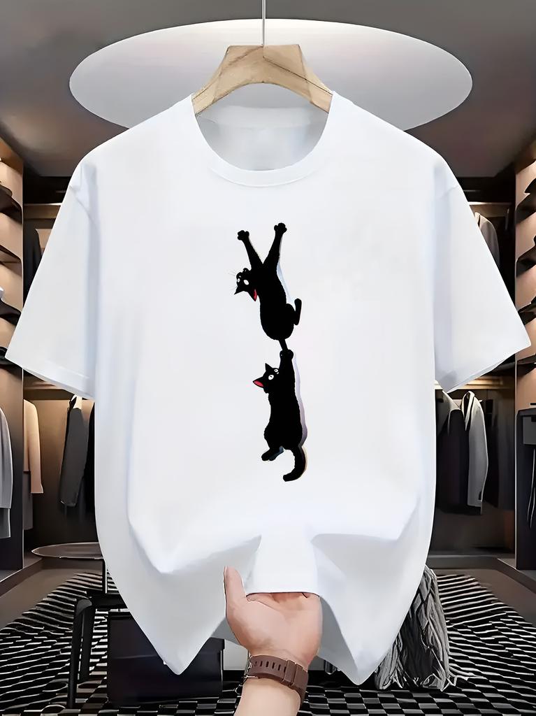 Men Crew Neck Tee Two Hanging Black Cats Graphic Print Short Sleeve Loose Oversized Male Daily