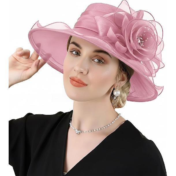 DRESHOW Damen Organza Hut Kirchenkappe Hüte Ausverkauf Kentucky Derby Cocktail Teeparty Hochzeit Blumenhut mit breiter Krempe