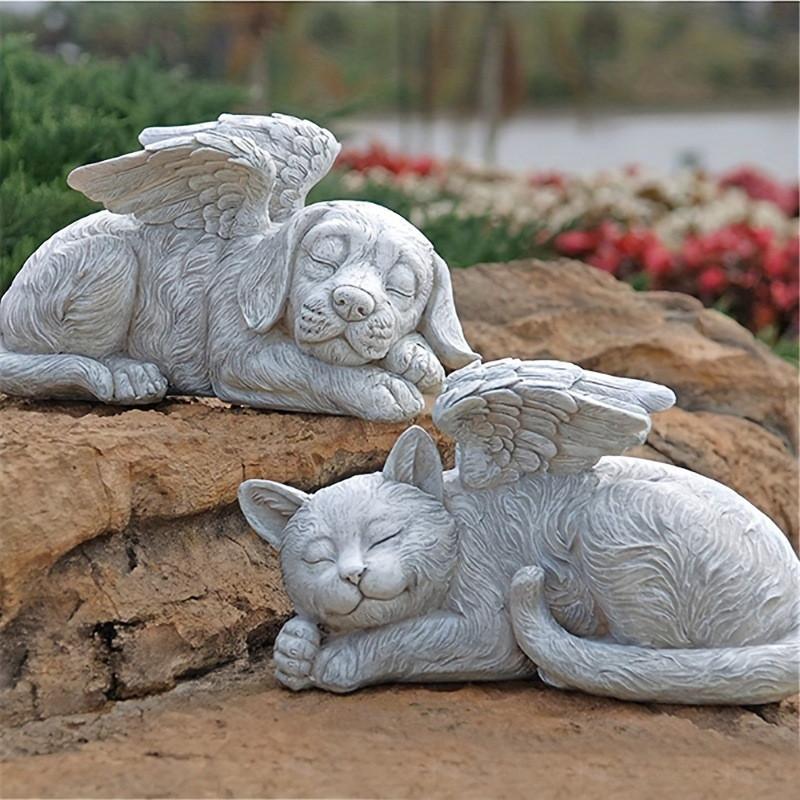 Resin Angel Dog Cat Garden Ornament Handcrafted Animal Memorial Sculpture For Lawn Decor