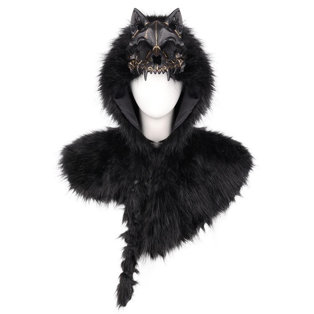 Vikingovský kostýmový plášť s umělou vlkou srstí a lebkou pro halloweenskou párty Cosplay