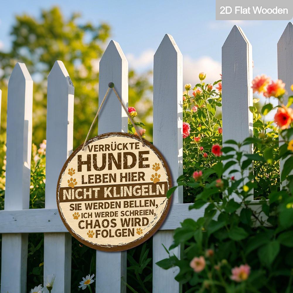 2D Flat Funny German " Leben Hier" Round Wooden Hanging Sign, Do Not Ring Doorbell Funny Warning Decorative Sign Suitable for Decorating Courtyards
