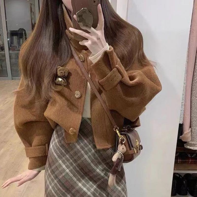 Retro Chic Short Coat & Plaid Skirt Set for Women - Woolen Autumn/Winter Collection