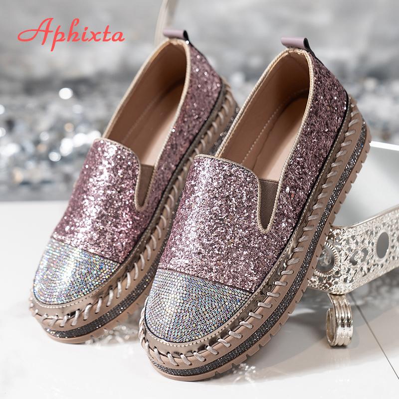 Fashion Aphixta Luxury Crystals Flats Women Slip On Red Pink Khaki Women Sexy Platform Casual Women Shoes Flats Female Rhinestone Loafer
