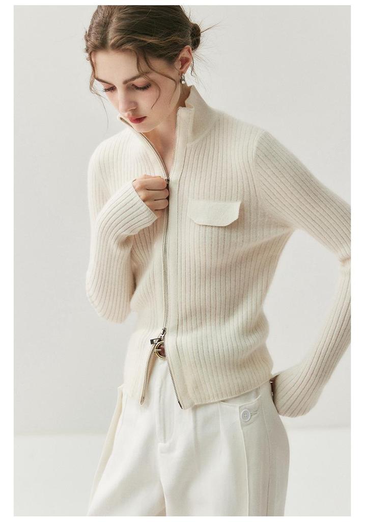 Women's Slim Fit Cashmere Cardigan with Double Zipper - Warm Lapel Knitwear for Autumn/Winter.