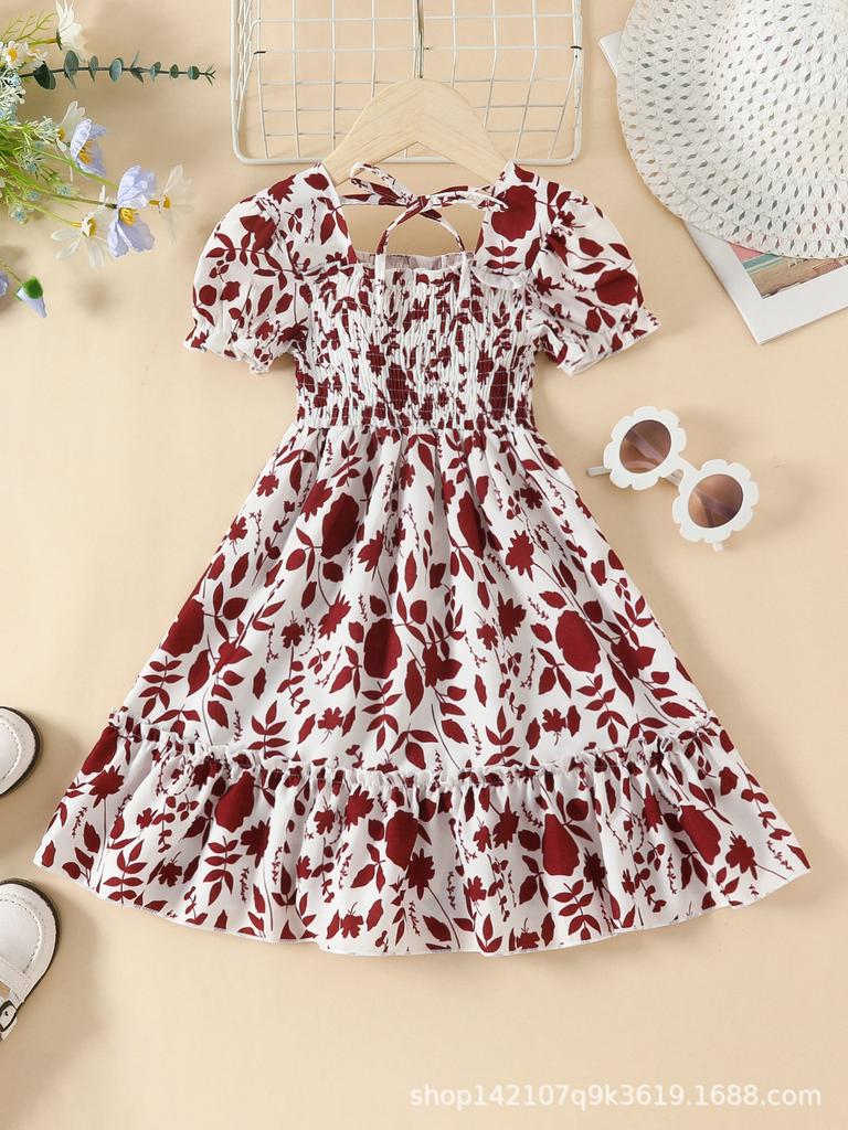 Girls Fashion Short Sleeve Dress Summer Children Sweet Fresh Floral Dress