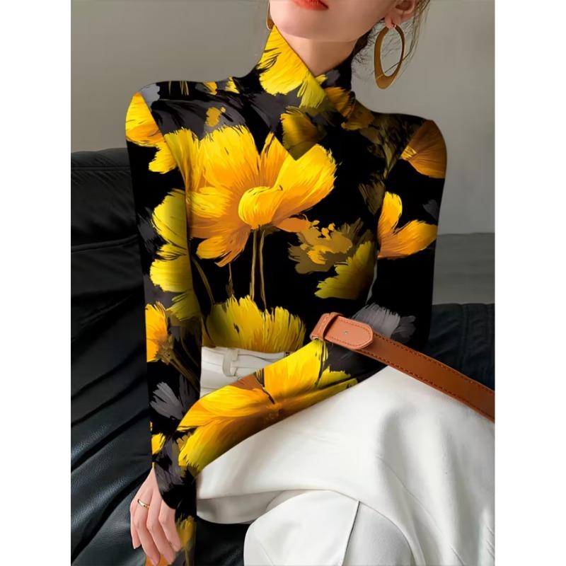 Women's Elegant Yellow Flower Long Sleeve Shirt - Half Turtle Neck T-Shirt Top, Micro Stretch - Versatile Shirt for All Seasons
