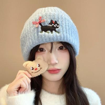 Wool Cute Kitten Embroidered Knitted Hat for Women Autumn and Winter New Japanese Style Warm and Versatile Small Pullover Hat with Face