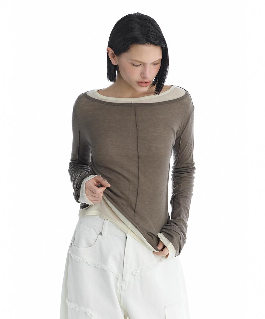 Teulimingbeodeu Essential Pintuck Long-Sleeve T-Shirts [ Brown ]