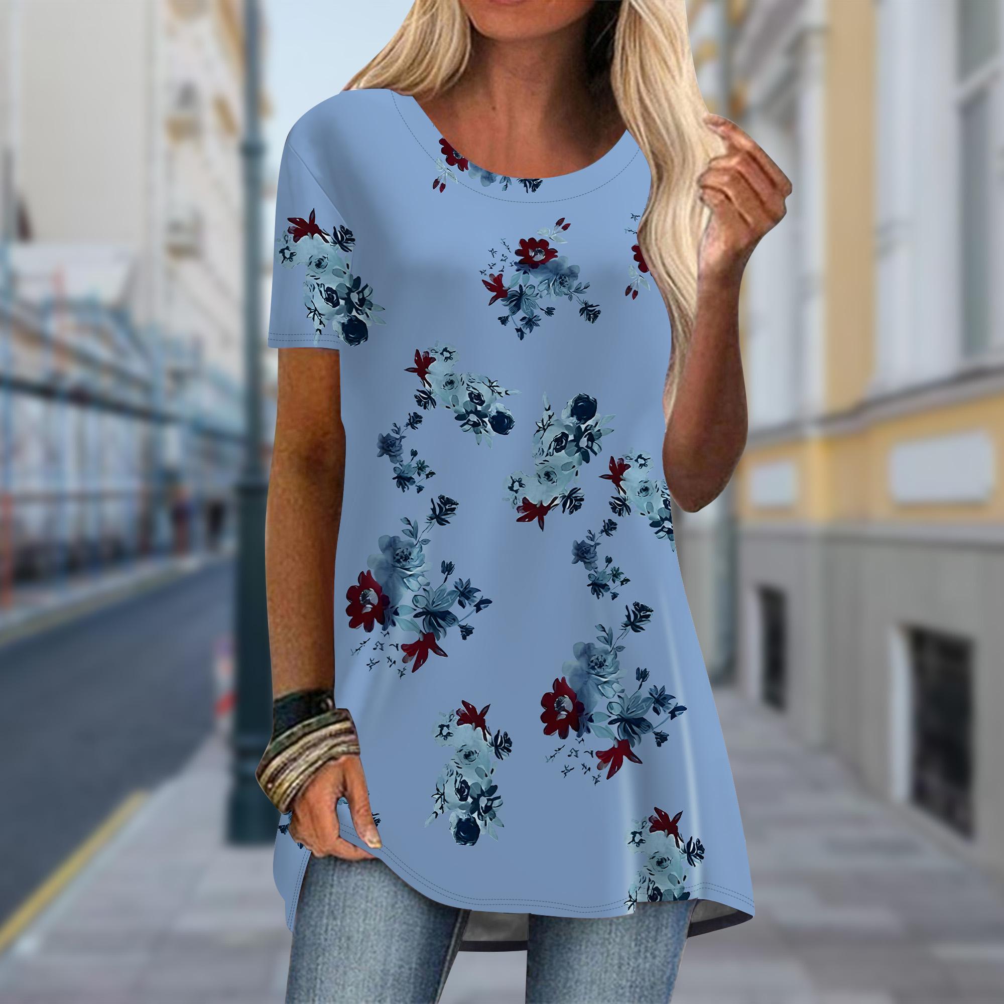 

Плюс размер Женская весенняя удобная футболка с коротким рукавом и круглым воротником с принтом камелии Повседневные мешковатые футболки средней длины 8XL синий