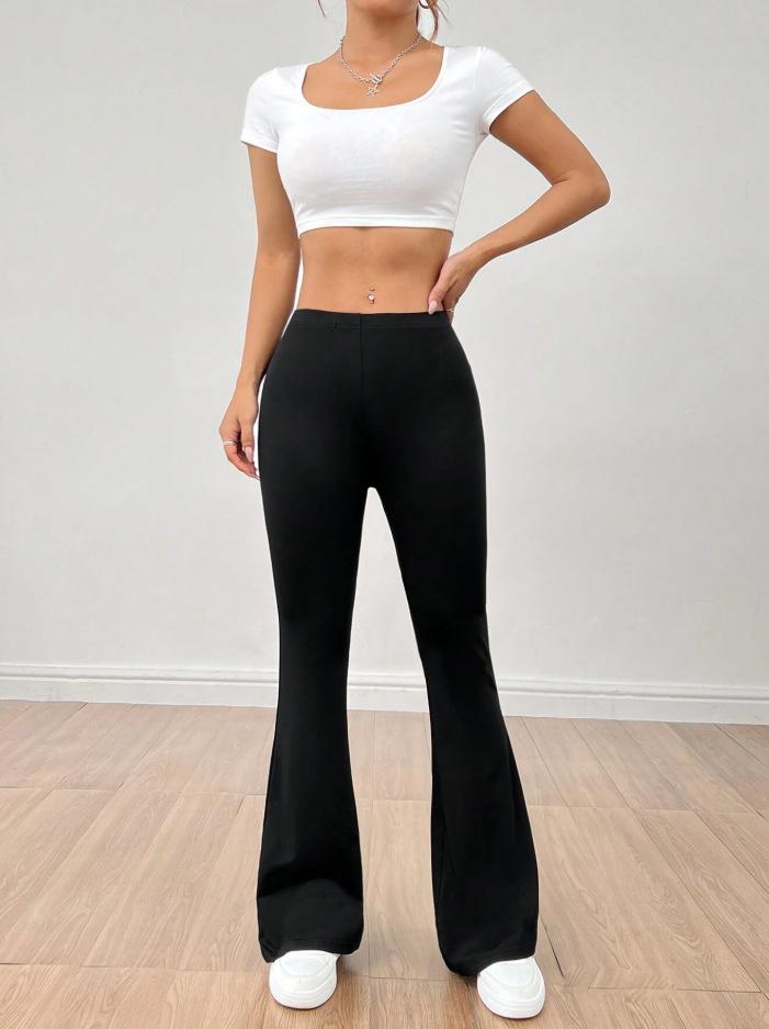 2025 Solid Color High-Waisted Stretchy Yoga Pants - Casual Micro-Flare Sport Style