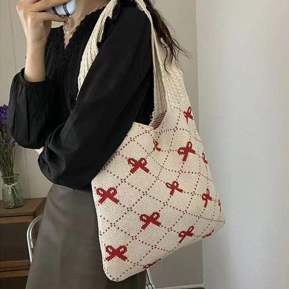 Soft Bow Knitting Shoulder Bag Sweet Casual Woven Handbag Elegant Beach Bag Vacation