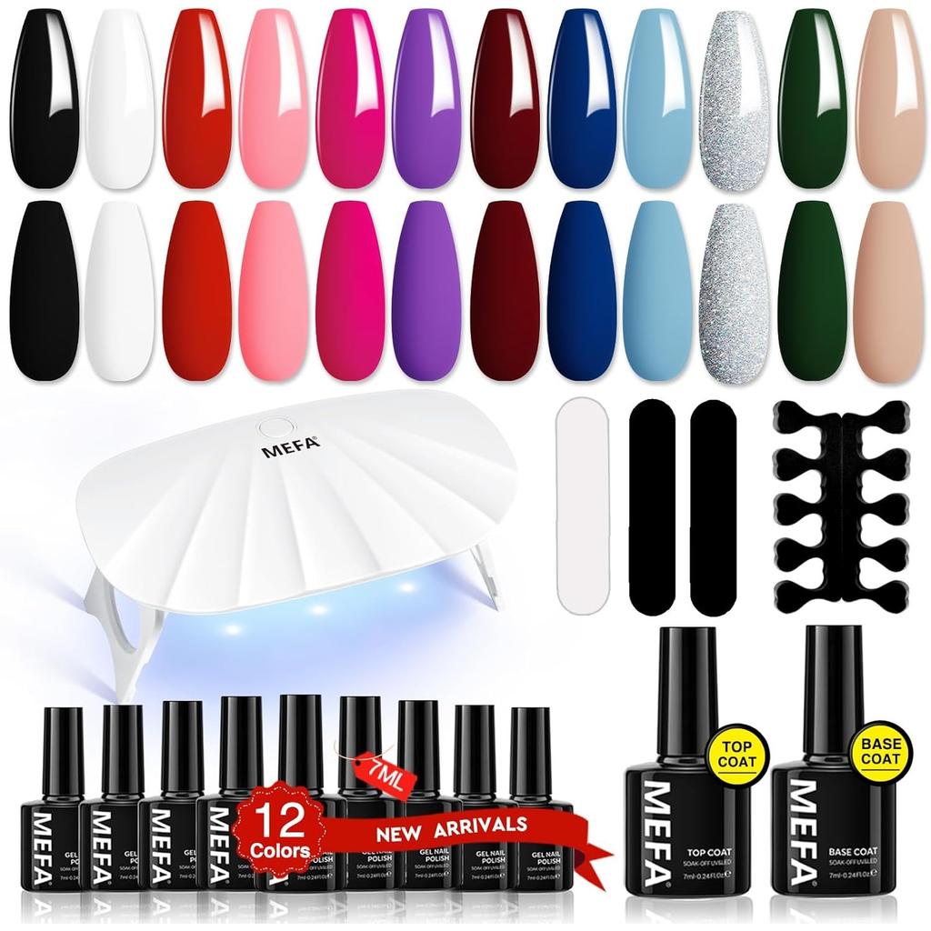MEFA Nail Art Set 12 Colors Gel Polish UV 7ml, 6W UV Lamp, Manicure Accessories Kit, DIY Home Gifts