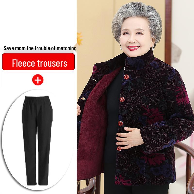 Hengyuanxiang Winter Velvet-Enhanced Cotton Jacket for Elderly Women