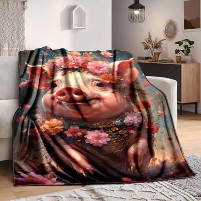 1pc Floral Pig Blanket Lightweight Flannel Blanket Throw Blanket For Sofa, Bed, Travel, Camping, Livingroom, Office Yy251015113