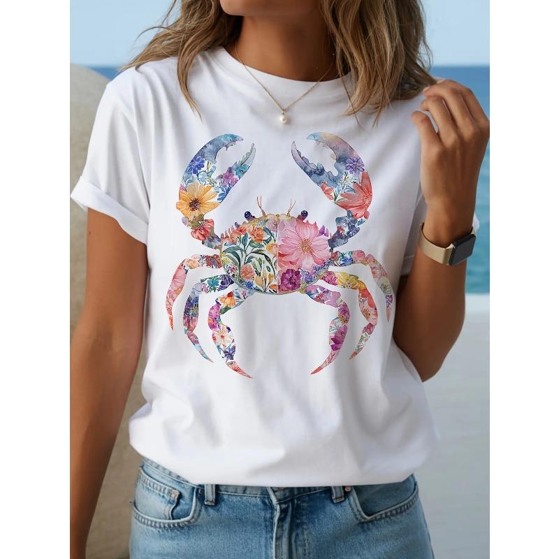 Women's Floral Crab Print T-Shirt Crew Neck Short Sleeve Casual Comfort Spring Summer Top