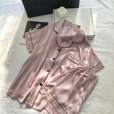 Women 2Pcs Sleep Lounge Set  Seamless Satin Pajama Top & Short Set Striped Button Up Short Sleeve Shirt & Pants Pajamas