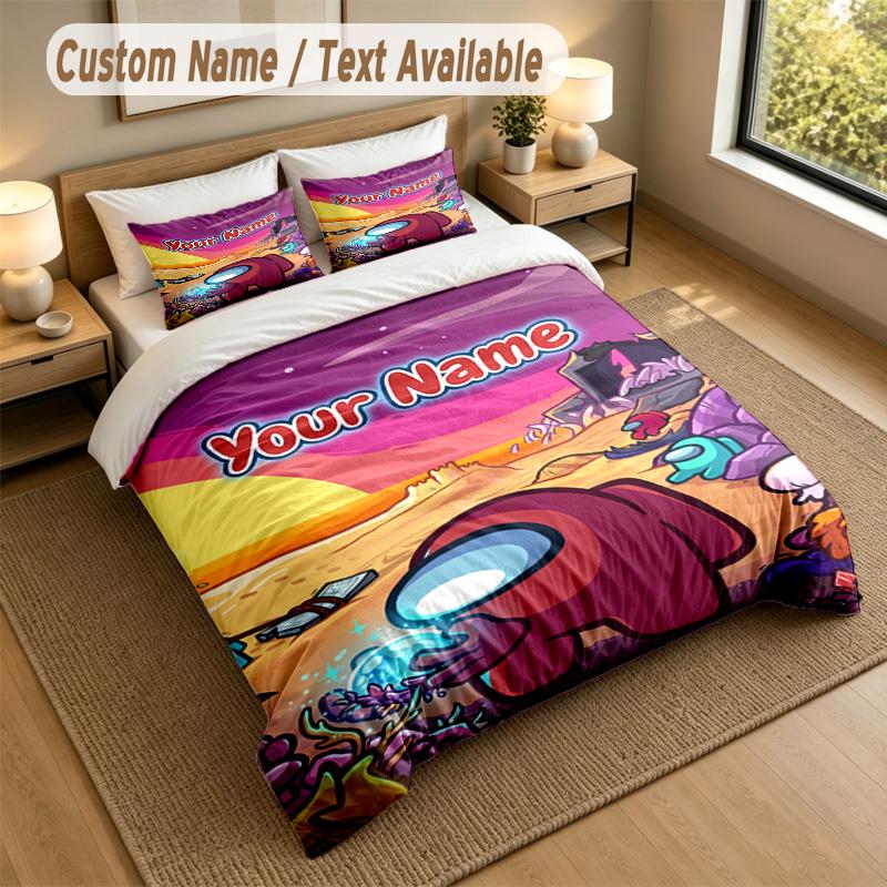 Set Biancheria da Letto 3 Pezzi con Nome Personalizzato, Among Us 1 Copripiumino 2 Federe Biancheria da Letto Morbida per Regalo