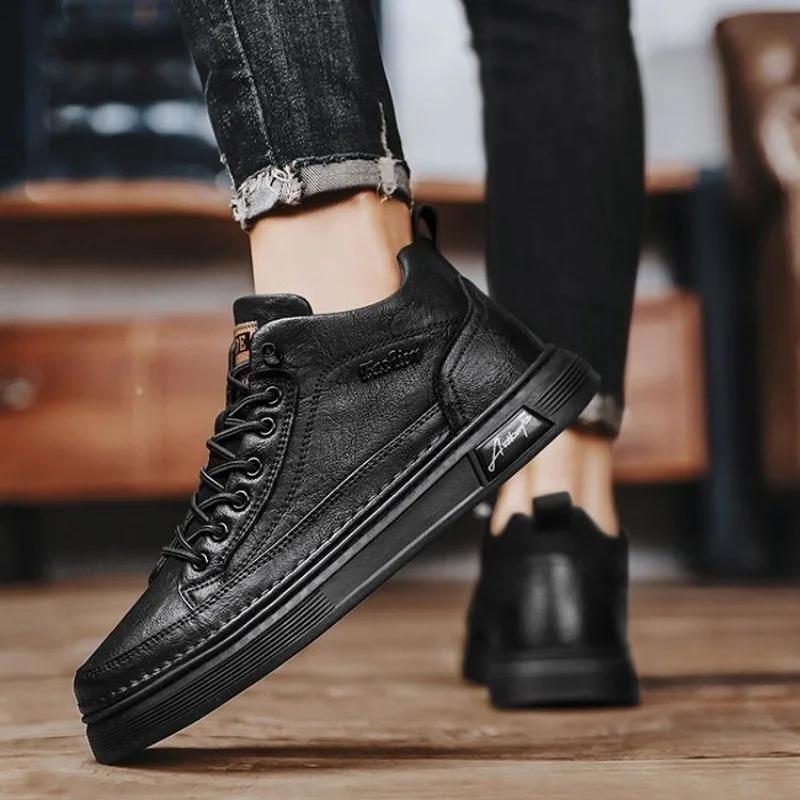 Klassische Herren Leder Freizeitschuhe Frühling Neu High Top Plateau Schuhe Slipper Luxus Britischer Business Stil Laufschuhe