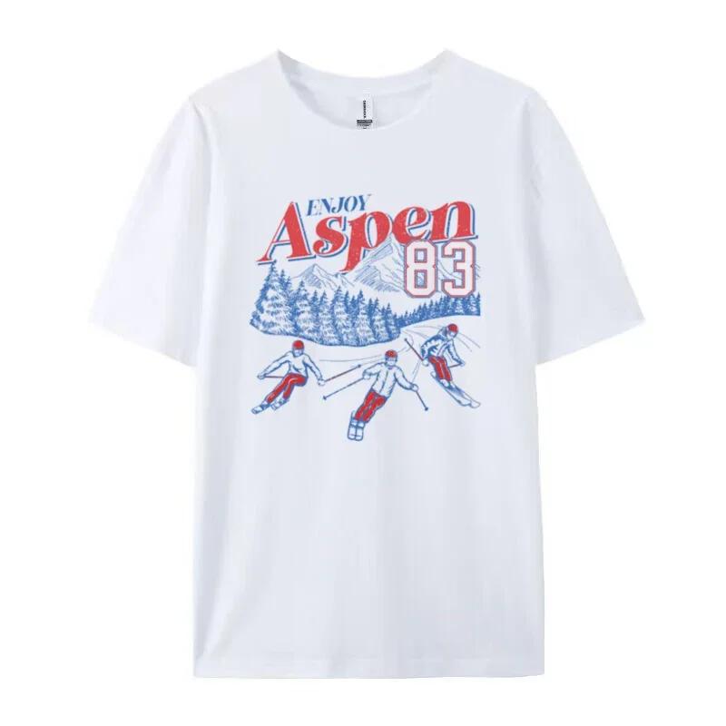 

Aspen Skiing Graphic Tees Loose Winter Sport TShirts Retro Style Unisex Vintage Vacation Trip Tops Women Cute Ski Lover T Shirt S