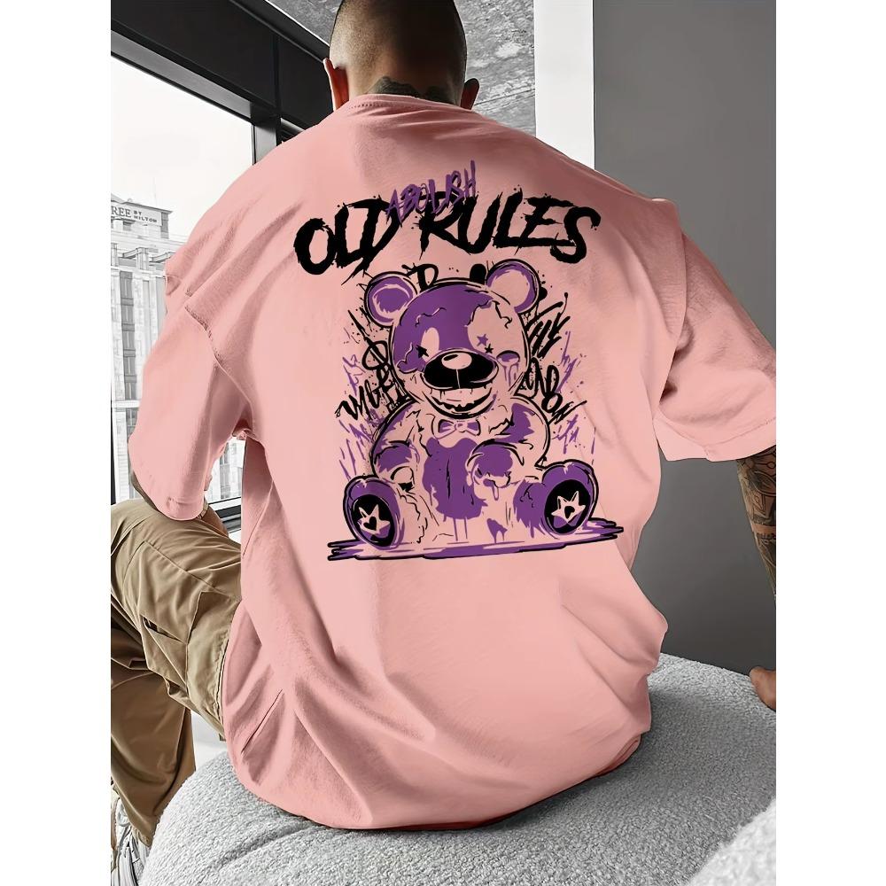 Men's Summer 100 Fashionable Casual Sports Loose Large Cartoon Bear Pattern Printed Round Neck Short Sleeve T-shirt Top