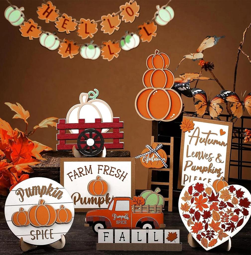 23 Piece Layered Tray Decoration Set Thanksgiving Pumpkin Maple Leaf Truck Decoration