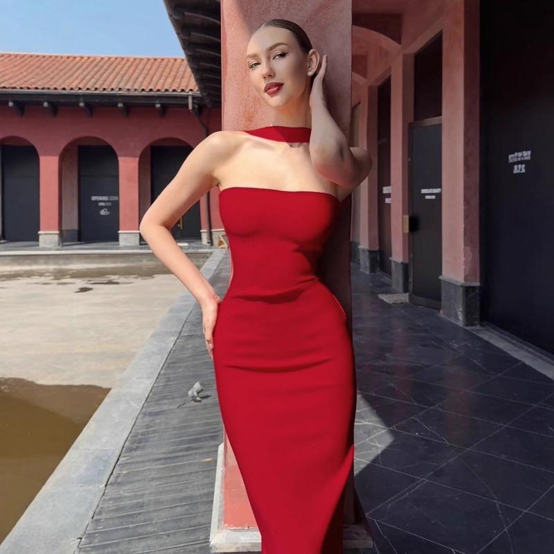 

Women s Tube Top One-word Collar French Temperament Neck Open Back Slim Hip Split Dress M червоний