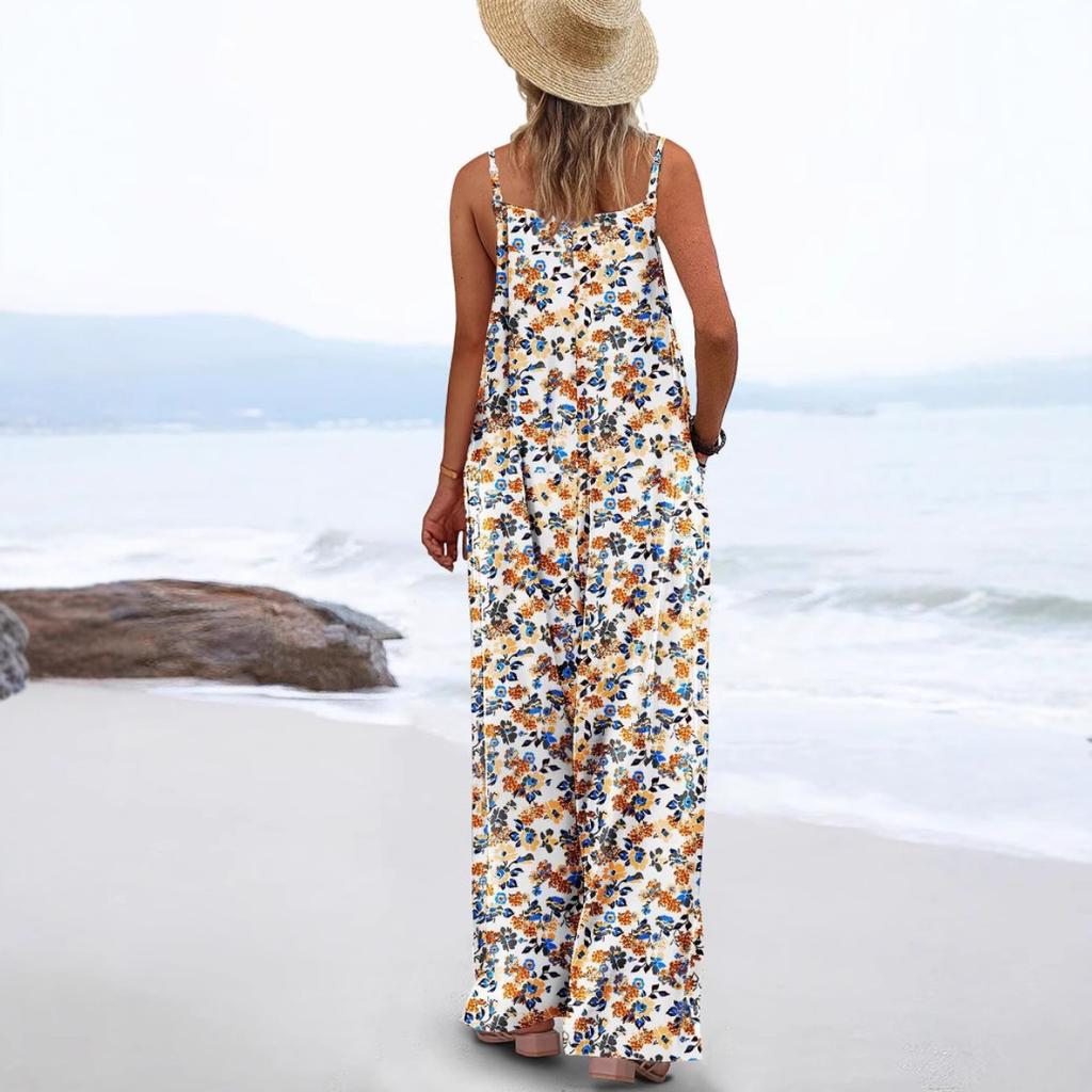 Damen Spaghetti-Träger Ärmellos Floral Jumpsuit Locker Hohe Taille Freizeit Weites Bein Overalls